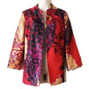NWOT Chico's Open Front Shantung Jacket Size 1 M Red Gold Paisley Brushed Satin